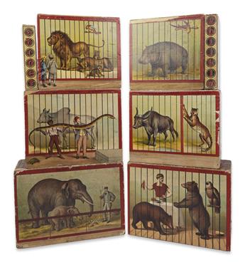 (TOYS.) [McLoughlin Bros.?] Set of 8 zoo-animal themed ABC picture blocks.